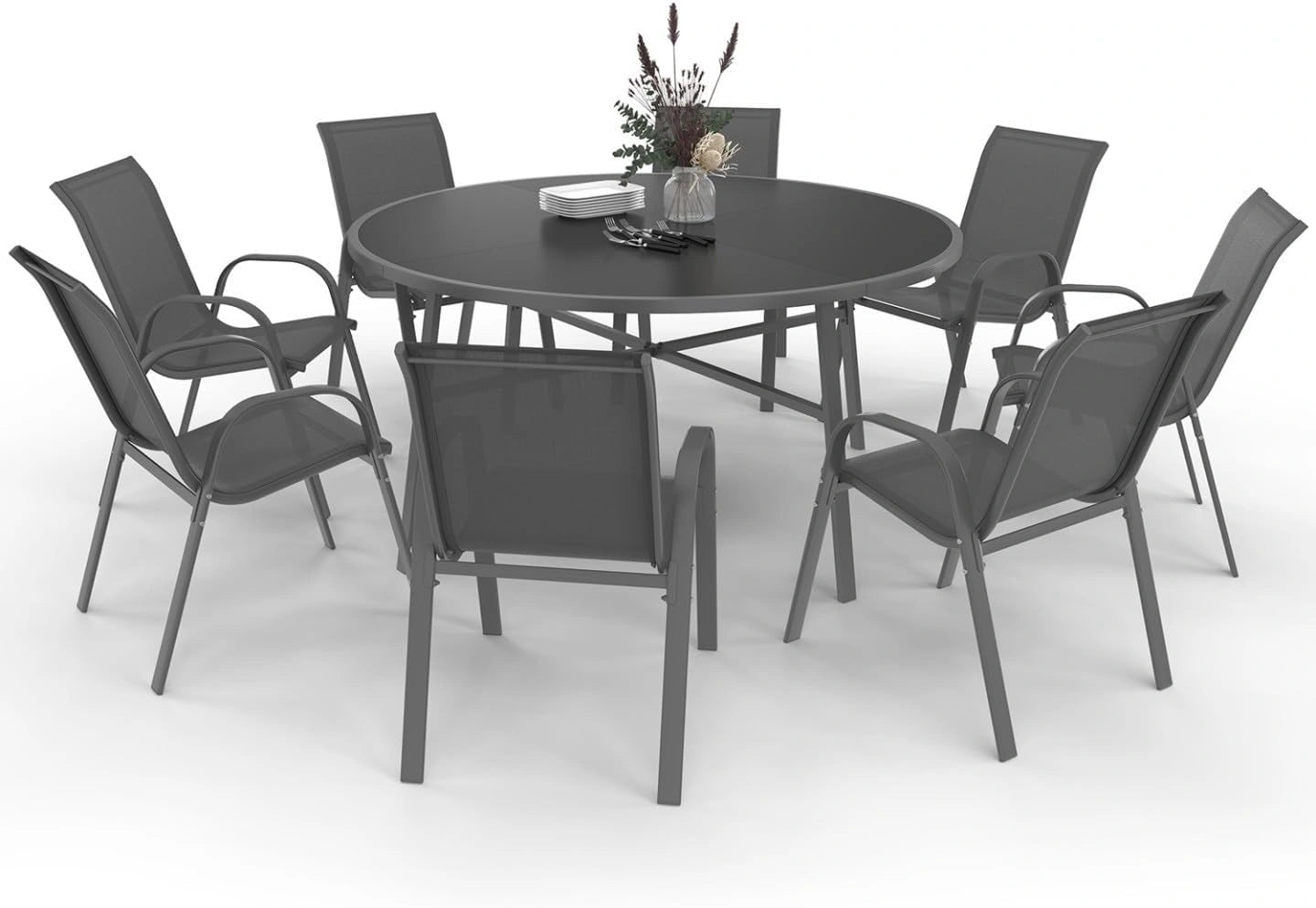 IDMarket - Salon de Jardin Madrid Table Ronde 150 cm, Coloris gris anthracite, 8 chaises empilables
