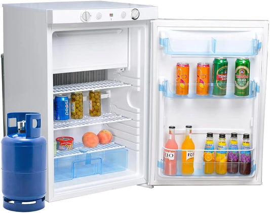 SMETA 100 L Frigo à Gaz 12 V/220 V avec Congélateur, Blanc, Réfrigérateur Camping Car Silencieux avec Porte Réversible, Mobile-home, pour Caravane