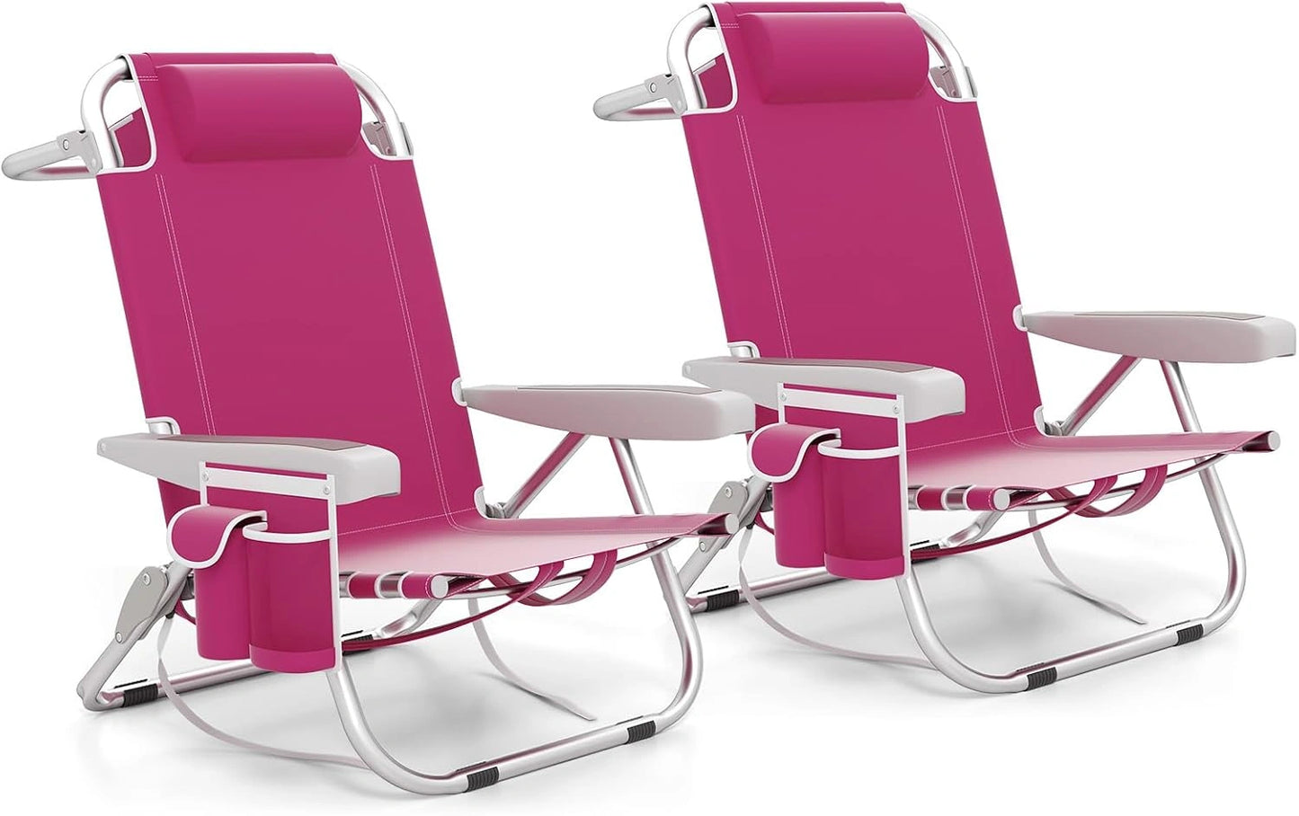 COSTWAY Chaise Longue, Charge 150 kg (Rose, 5 Positions Réglable, 2 pièces), Chaise de Plage Pliable, Porte-Gobelet, Porte-Serviette, Appui-tête