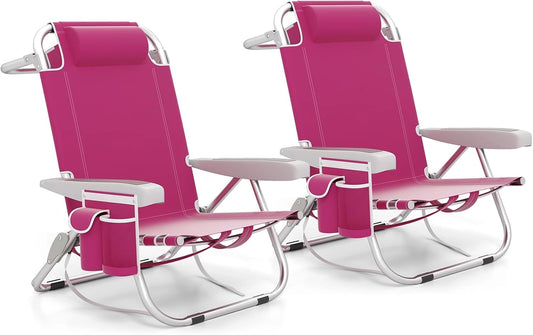 COSTWAY Chaise Longue, Charge 150 kg (Rose, 5 Positions Réglable, 2 pièces), Chaise de Plage Pliable, Porte-Gobelet, Porte-Serviette, Appui-tête