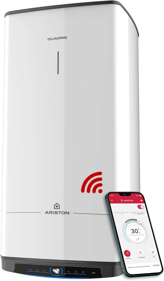 Ariston Quadris Wi-Fi 100 L, 25% d'Économie d'Énergie, Gain de place jusqu'à 1m2 au sol, Chauffe Eau Électrique Compact, Eco Evo, Fabriqué en France