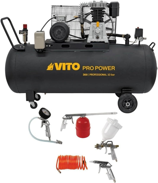 VITO - Compresseur d'air 300 L 10Bar 4 kW 500 L/min + 5 Outils pneumatiques Kit Complet Gonflage Soufflage Peinture Garage Atelier