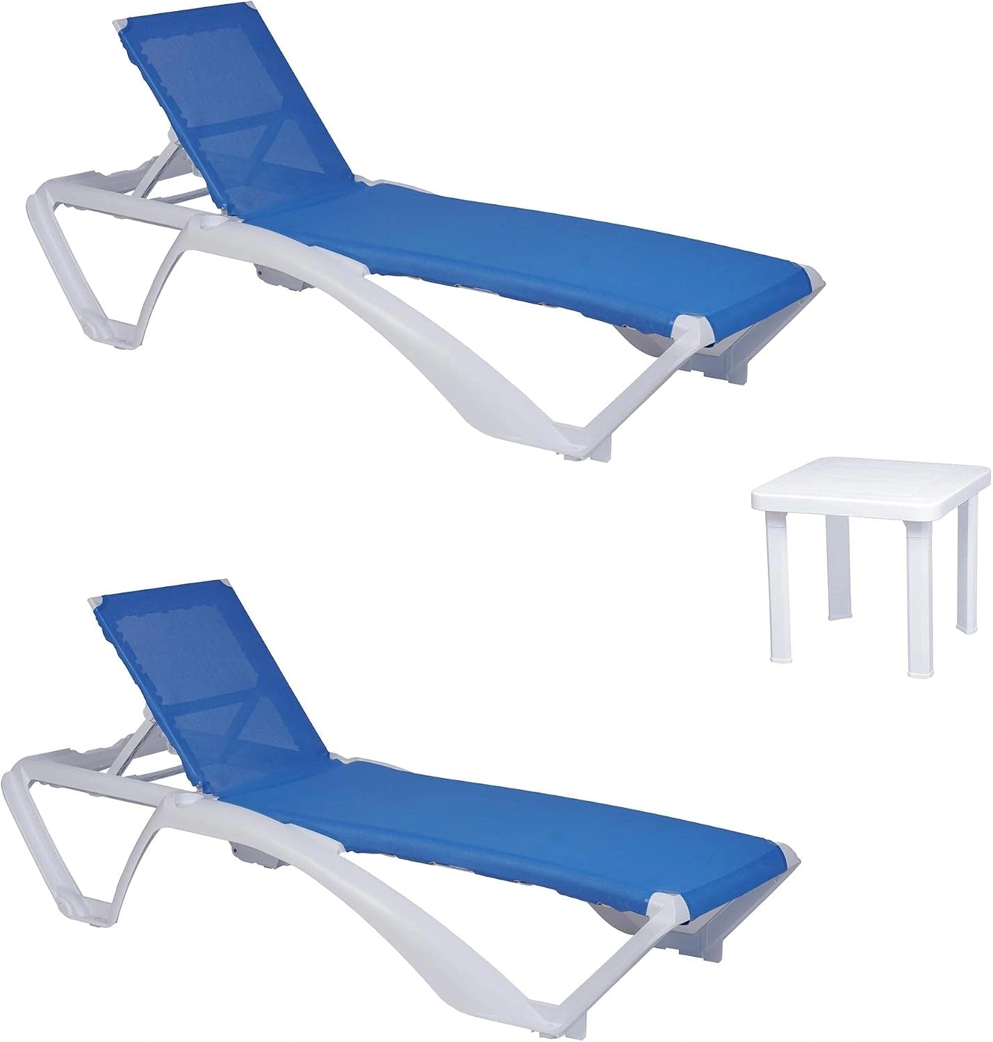 Resol Set 2 chaises Longues Acqua et 1 Table auxiliaire Andorra, Blanc et Textilene Bleu, Chaises Longues empilables avec roulettes, Dossier réglable