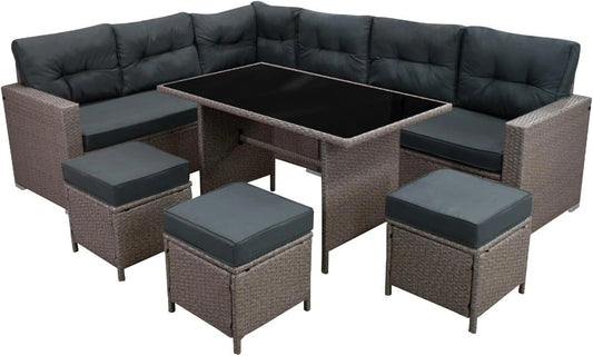 Salon de jardin d'angle en rotin gris 9 places en forme de L avec table en verre trempé résistant aux UV imperméable et coussins de dossier