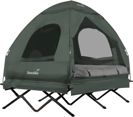 Skandika Haug Lit de Camp surélevé avec Toit 2 pers., (vert armée), Max 160 kg, Tente de pêche 4en1, Matelas Gonflable, lit d'extérieur, étanche