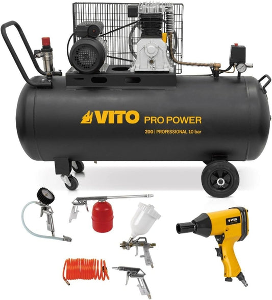 VITO - Compresseur d'air 200 L 10Bar 3 kW 400 L/min + Clé à choc pneumatique 310Nm + Outils de Gonflage Soufflage Peinture Garage Atelier