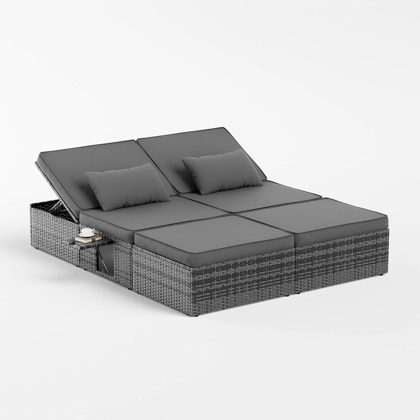UDPATIO Transat Jardin Extérieur en Rotin - Bain de Soleil Double avec Plateaux Latéraux Repliables et Dossier Réglable 5 Niveaux, Gris