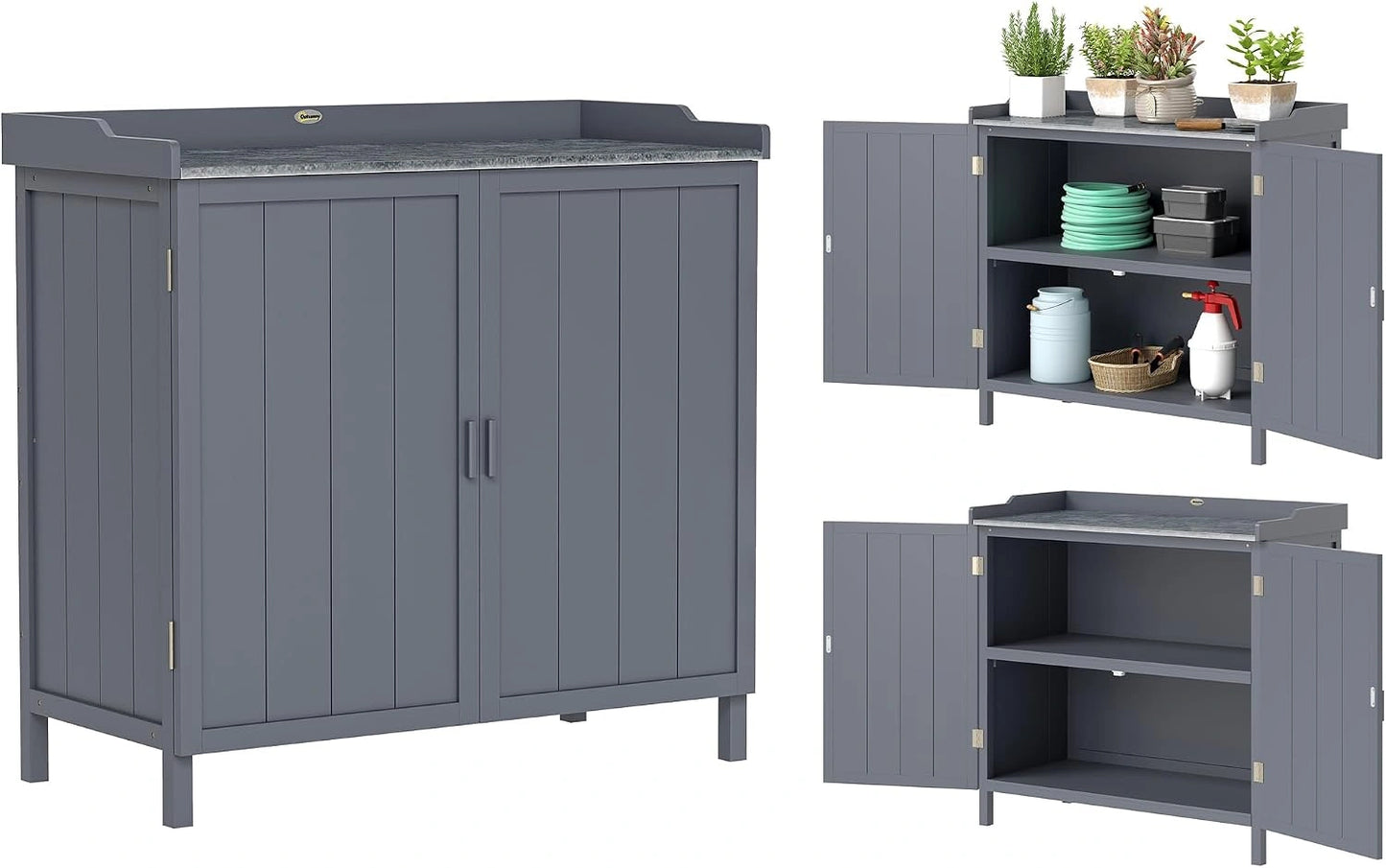 Outsunny Armoire de Rangement de Jardin sur Pied avec Double Porte Gris, Table de Rempotage 2 en 1, Étagère Intégrée, Plateau en Métal Galvanisé