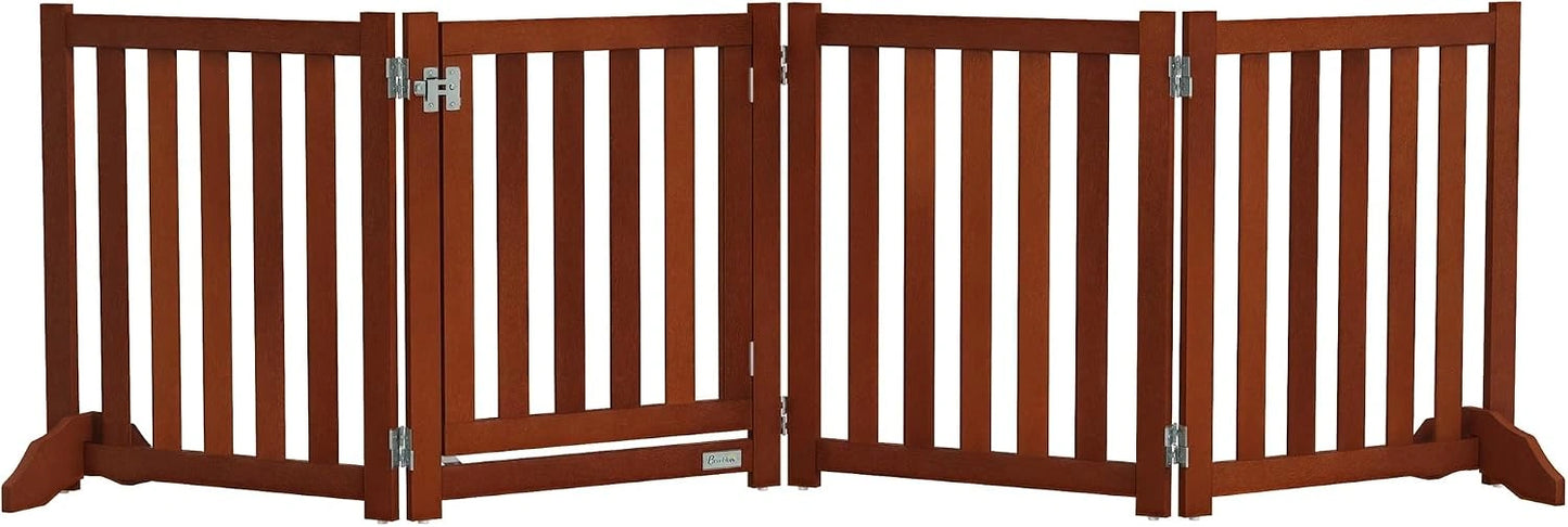 PawHut Barrière de Sécurité Chien Pliable 205 x 60 cm Marron, 4 Panneaux, Barrière Chien Intérieur en Bois, Double Face Autoportante, Pieds de Support