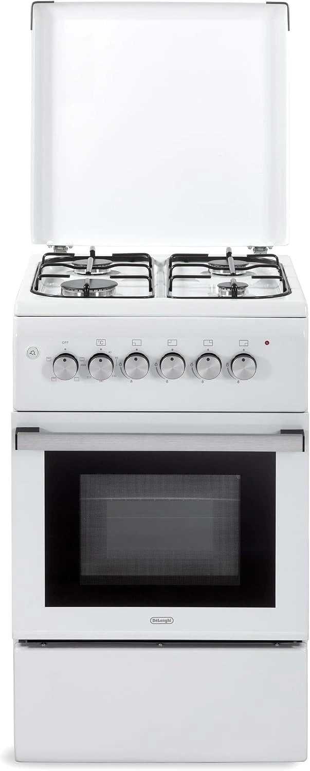 De'Longhi DL554EW2 Cuisinière à gaz, 50 cm, 4 feux, 52 litres, grilles émaillées, four électrique multifonctionnel, couleur blanche