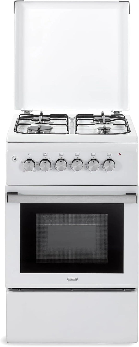 De'Longhi DL554EW2 Cuisinière à gaz, 50 cm, 4 feux, 52 litres, grilles émaillées, four électrique multifonctionnel, couleur blanche