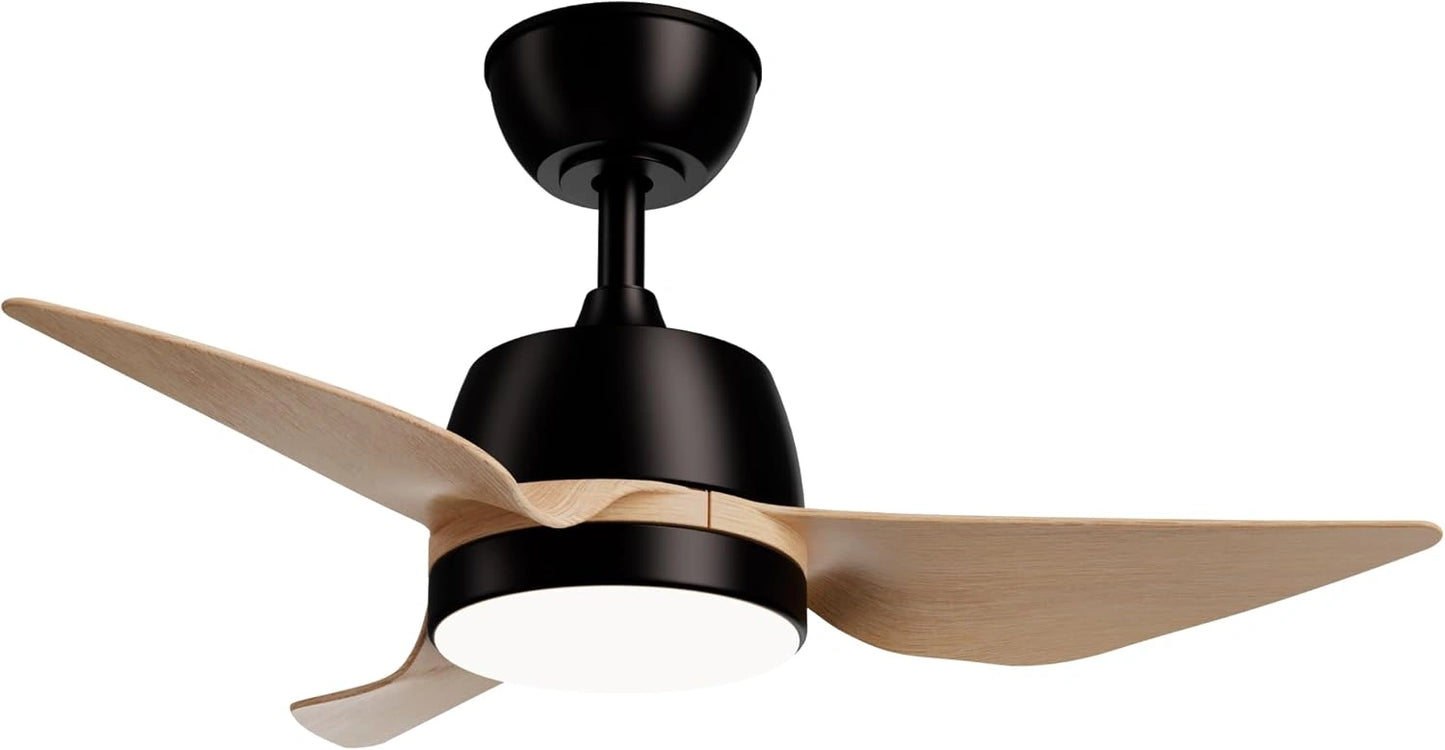 Sulion Ventilateur de plafond MARINA lumière LED 24 W réglable, noir avec pales de couleur bois clair, IP44, 5 vitesses, Ø86 cm, Moteur CC silencieux