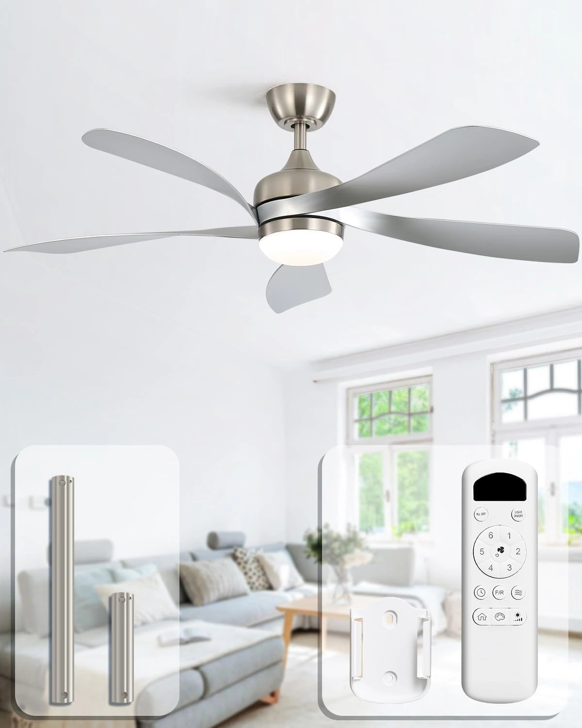 Sofucor 132 cm Ventilateur Plafond avec Lumiere et Telecommande, 6 Vitesses, 3 Réglages de Couleur, Lumiere LED, CC Réversibles, pour Chambre Salon