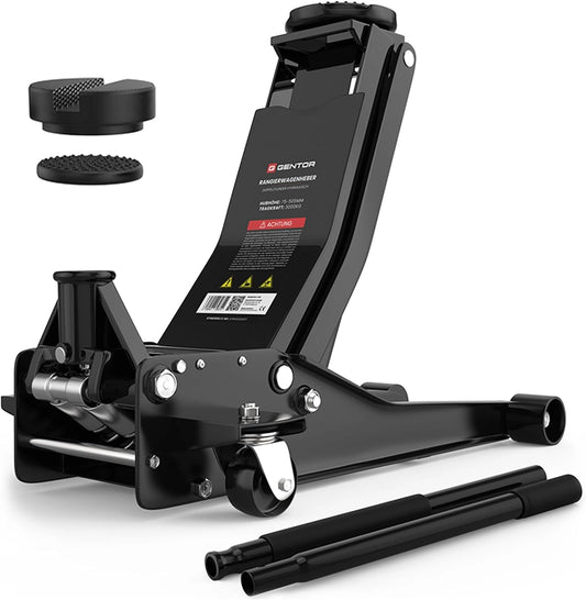Cric hydraulique 3T - Plat 75-505 mm avec 2 patins en caoutchouc - Cric professionnel pour voiture et SUV - Avec roulettes à 360° - Noir