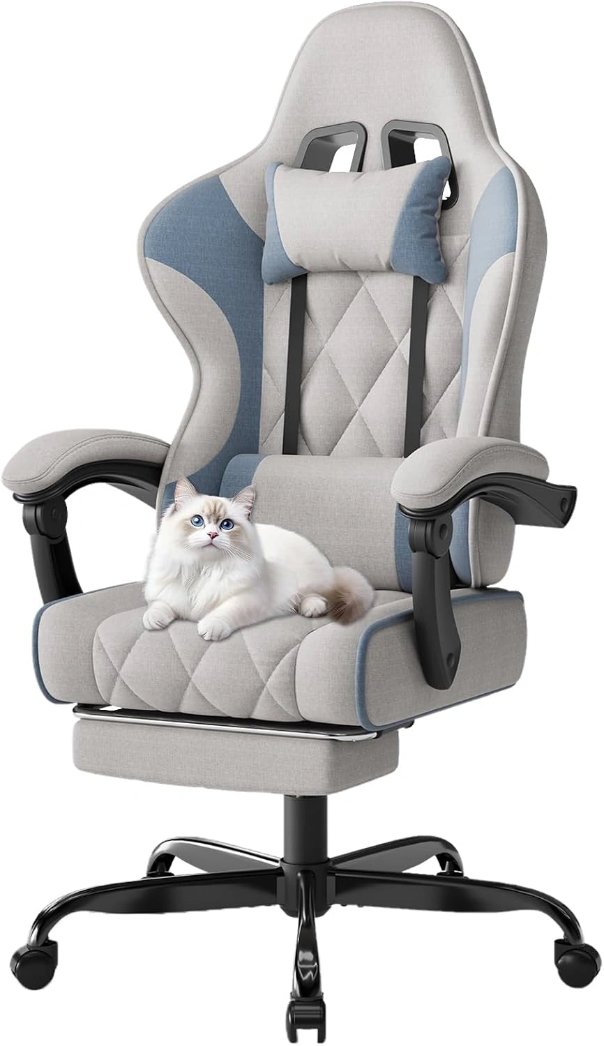 Devoko Chaise Gaming Ergonomique en Tissu Gris Bleu, Chaise Bureau Gamer avec Repose-Pieds, Dossier Inclinable, Massage Lombaire