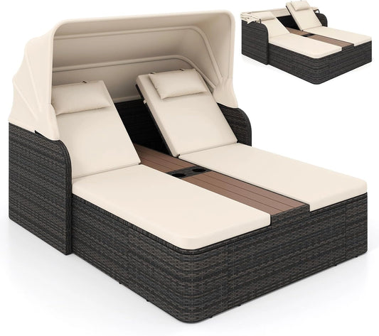 COSTWAY Chaise Longue à 2 Places en Rotin avec Auvent Rétractable, Canapé Lit Extérieur pour Piscine Terrasse (Beige)