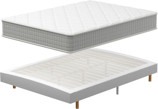 TEENO Ensemble Sommier et Matelas 140x190 cm, Lit 2 Personnes Complet avec Sommier Tapissier et Matelas Memoire de Forme, Confort