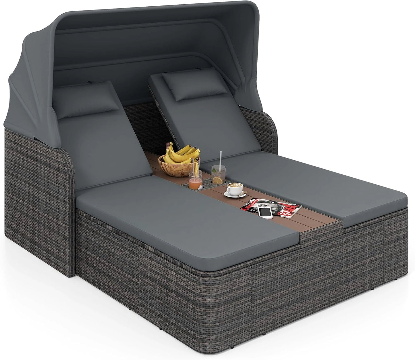 COSTWAY Chaise Longue à 2 Places en Rotin avec Auvent Rétractable, Canapé Lit Extérieur pour Piscine Terrasse (Gris)