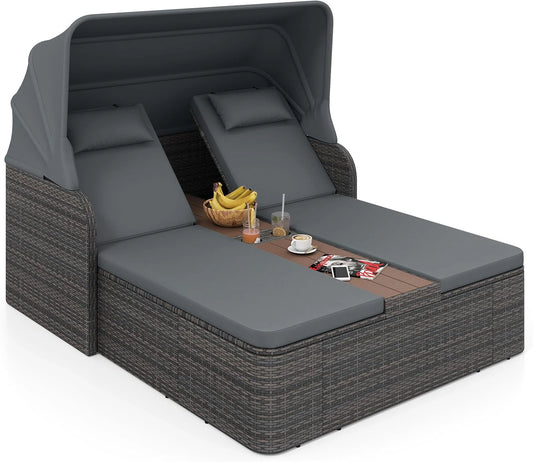 COSTWAY Chaise Longue à 2 Places en Rotin avec Auvent Rétractable, Canapé Lit Extérieur pour Piscine Terrasse (Gris)