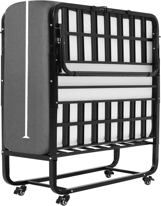DICTAC Lit Pliant 1 Personne 90x200 avec 13 cm Matelas en Mousse à Mémoire de Forme lit Pliable adulte 90x200 avec Roulettes Métal Lit d'appoint