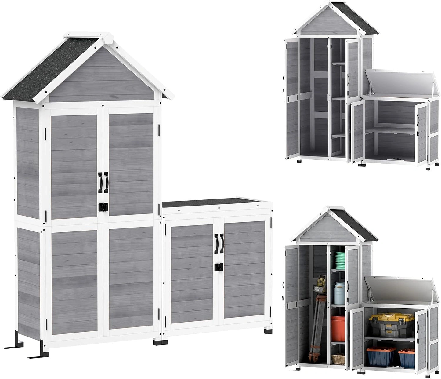 Outsunny Abri de Jardin + Armoire de Rangement en Bois Toit Incliné Gris, Cabane de Jardin Extérieur Intérieur, Toit Incliné en Asphalte, Étagères