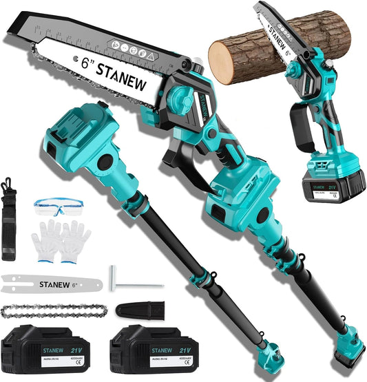 STANEW 2 en 1 Élagueuse sur perche, 6 pouces, tronçonneuse avec 2 batteries 4000 mAh, 600 W, hauteur de travail max 4,55 m, écran LCD