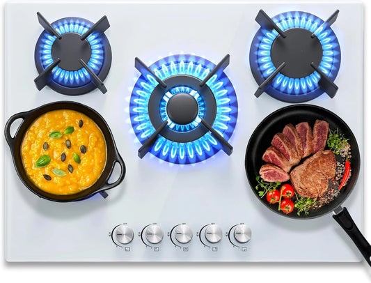 SNDOAS Plaque de Cuisson gaz 5 Feux 70 cm, Verre Blanc, 10400 W, 220-240 V, Table de Cuisson Encastrable avec Sécurité Thermocouple