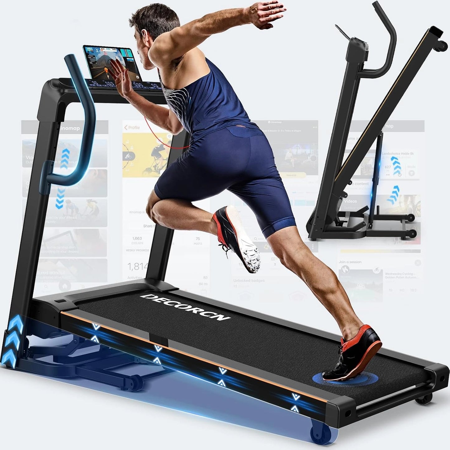 Tapis de Marche Pliable Inclinable pour la Maison, Tapis de Course 4.5CV Ultra Silencieux, 20 Niveaux, 1-16 km/h, 150KG, Marathon et Endurance, LED