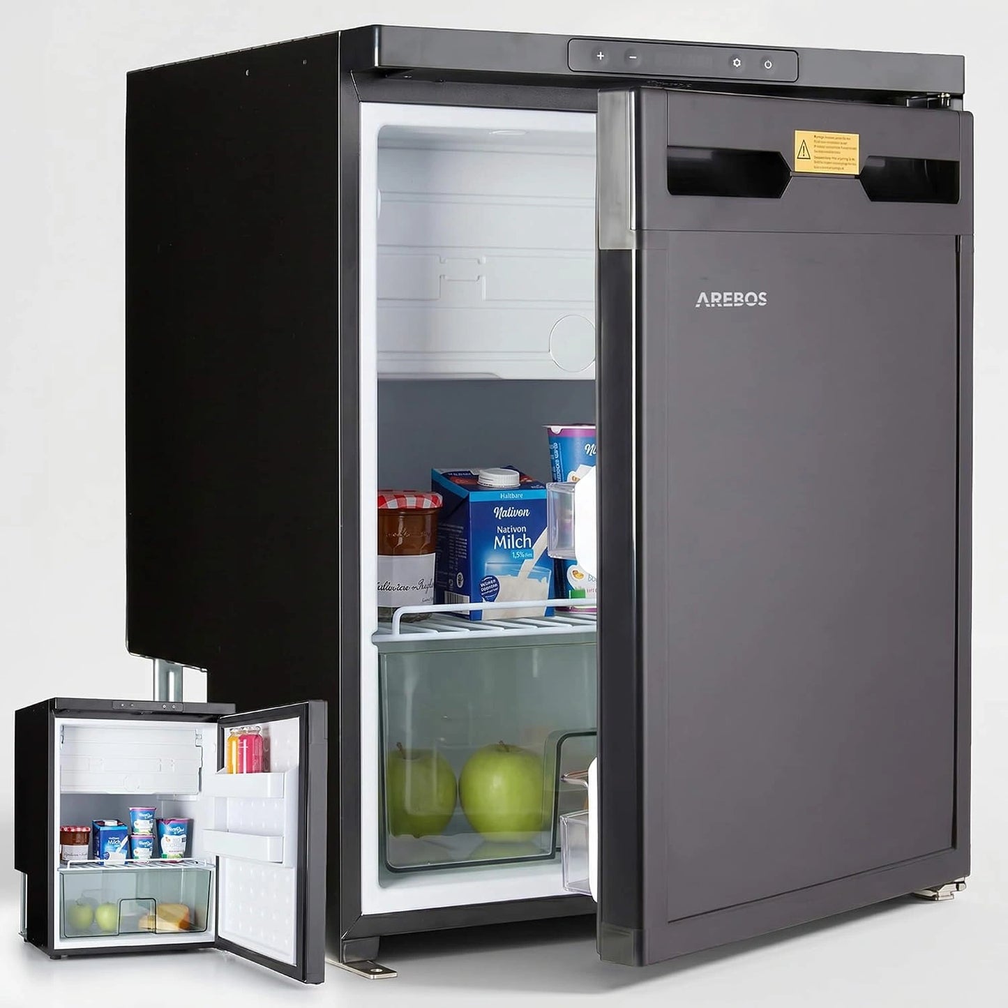AREBOS Réfrigérateur à Compresseur pour Camping-Car 65 L avec Compartiment Congélateur, 12 V/24 V, Jusqu'à -20°C, Contrôle via application