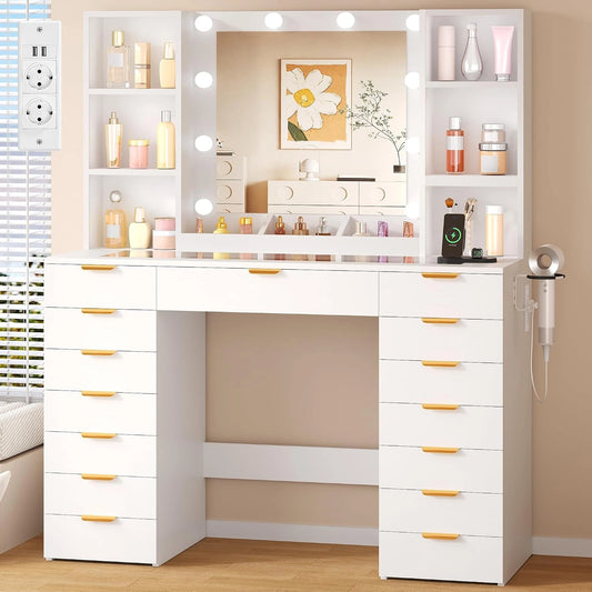 Grande Coiffeuse avec Miroir LED et Plateau en Verre, Blanc, Moderne Table de Maquillage avec 15 Tiroirs, EXFST009 W, Luminosité Réglable, Prise