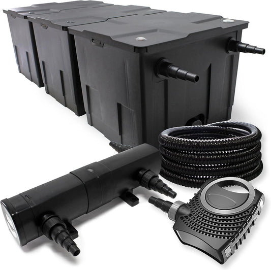 Wiltec Kit complet: CBF-350C Filtre de bassin jusqu'à 90000 L Biologique, NEO10000 SuperECO pompe de filtration 10000 l/h 80 W, 25 m Tuyau 25 mm
