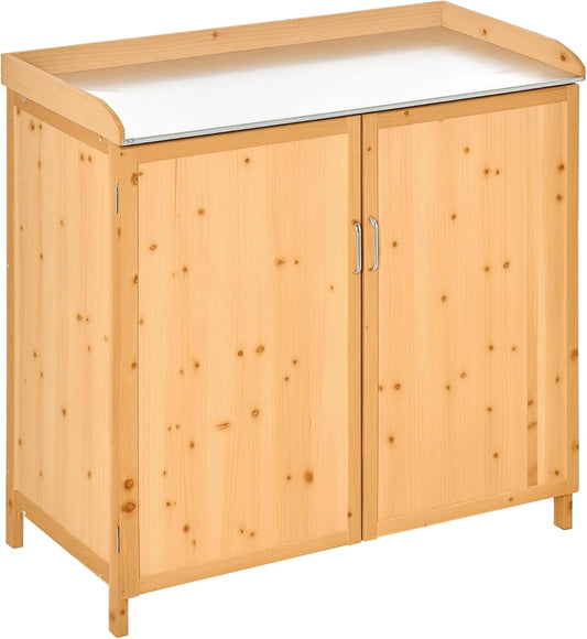 Outsunny Armoire de Jardin sur Pied Table de rempotage 2 en 1 Étagère, Table de Jardinage Double Porte, Plateau Tôle Acier Galvanisé, Table à Rempoter