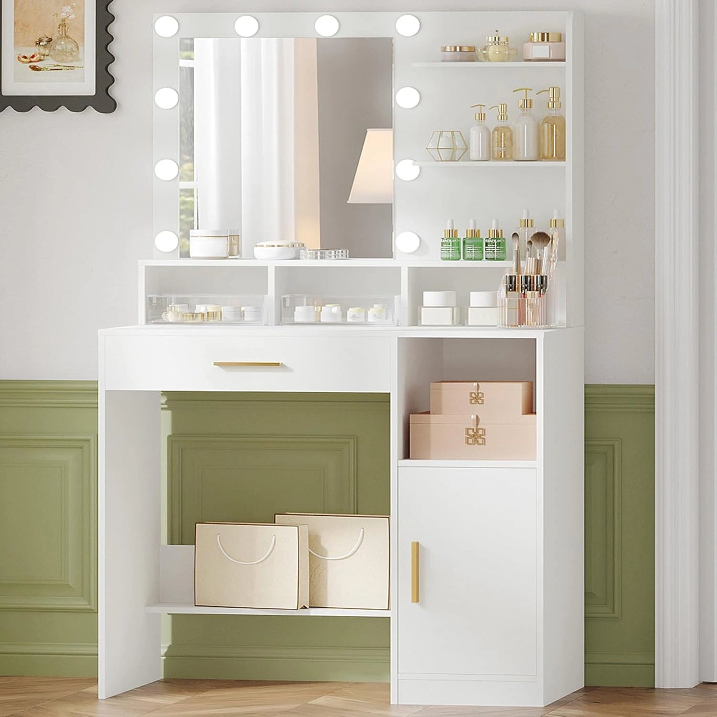 Hzuaneri Coiffeuse avec Miroir, Blanc, Dressing Table de Maquillage avec 3 étagères et 4 Compartiments Ouverts, VT08103X, Coiffeuse avec Miroir LED