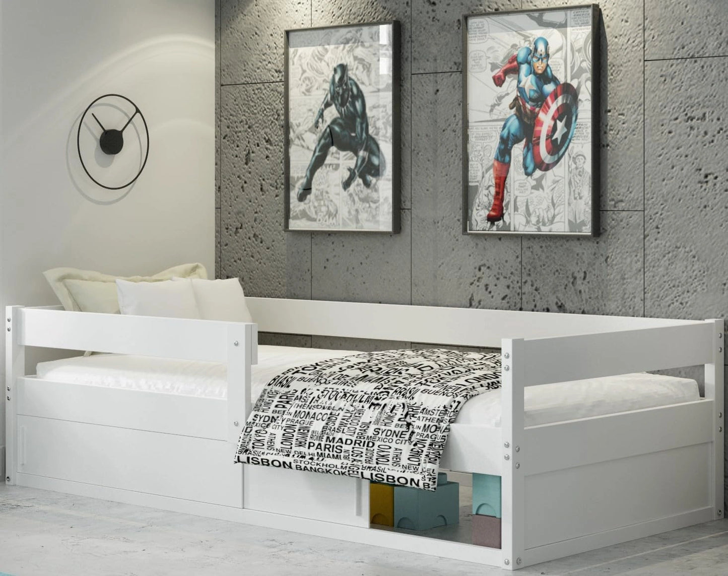 Interbeds Lit Enfant Simple -Hugo 80x160- sommier à Lattes- Espace de Rangement - Barrière de sécurité à Droite ou à Gauche (Blanc)