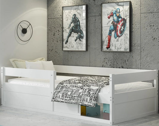 Interbeds Lit Enfant Simple -Hugo 80x160- sommier à Lattes- Espace de Rangement - Barrière de sécurité à Droite ou à Gauche (Blanc)