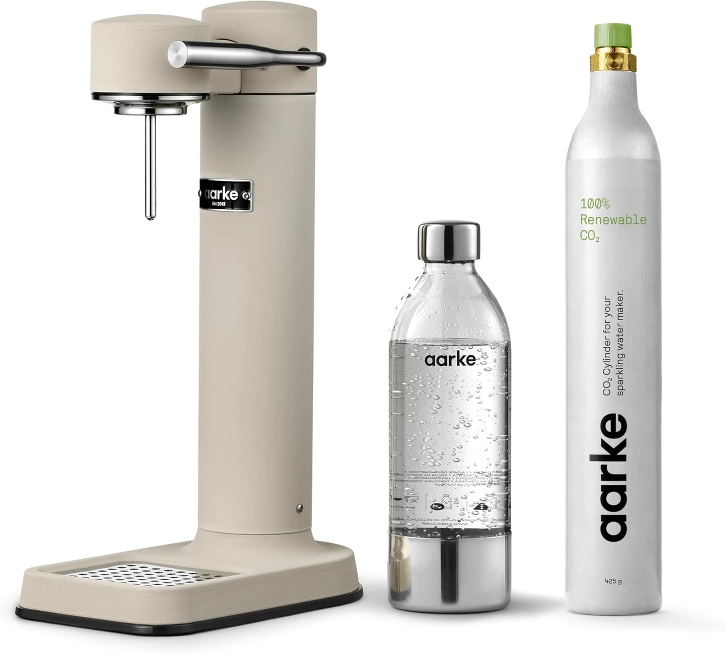 Aarke Carbonator 3 Machine à eau gazeuse en acier inoxydable finition sable + cylindre de 60 litres avec CO2 renouvelable