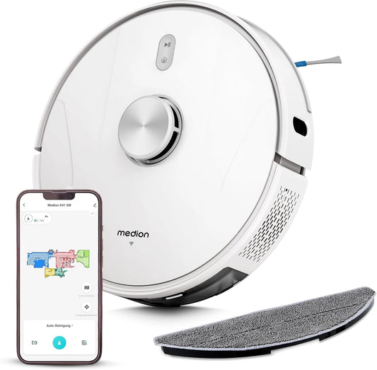 MEDION Robot aspirateur avec Station d'aspiration, Navigation Laser et Fonction Balayage X41 SW+ (Puissance d'aspiration puissante de 8000Pa, Zones