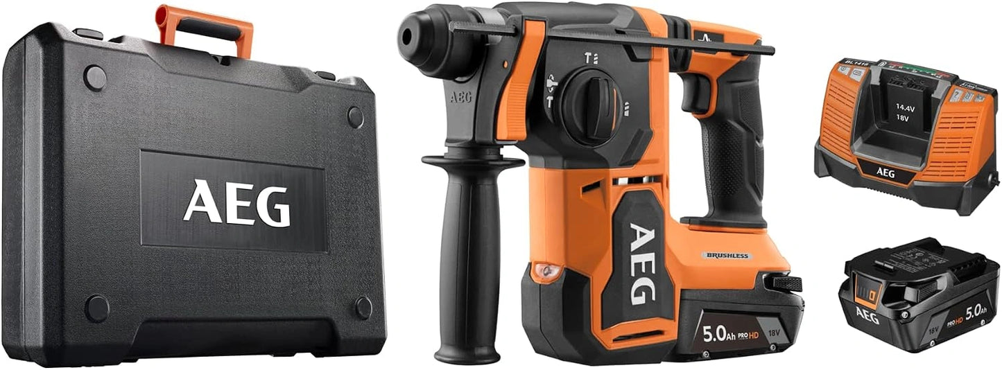 AEG - Perforateur burineur SDS+ 18 V BRUSHLESS, 2,5 Joules EPTA, 1500 tr/min, 5000 cps/min, capacité de perçage 26 mm dans le béton, en coffret.