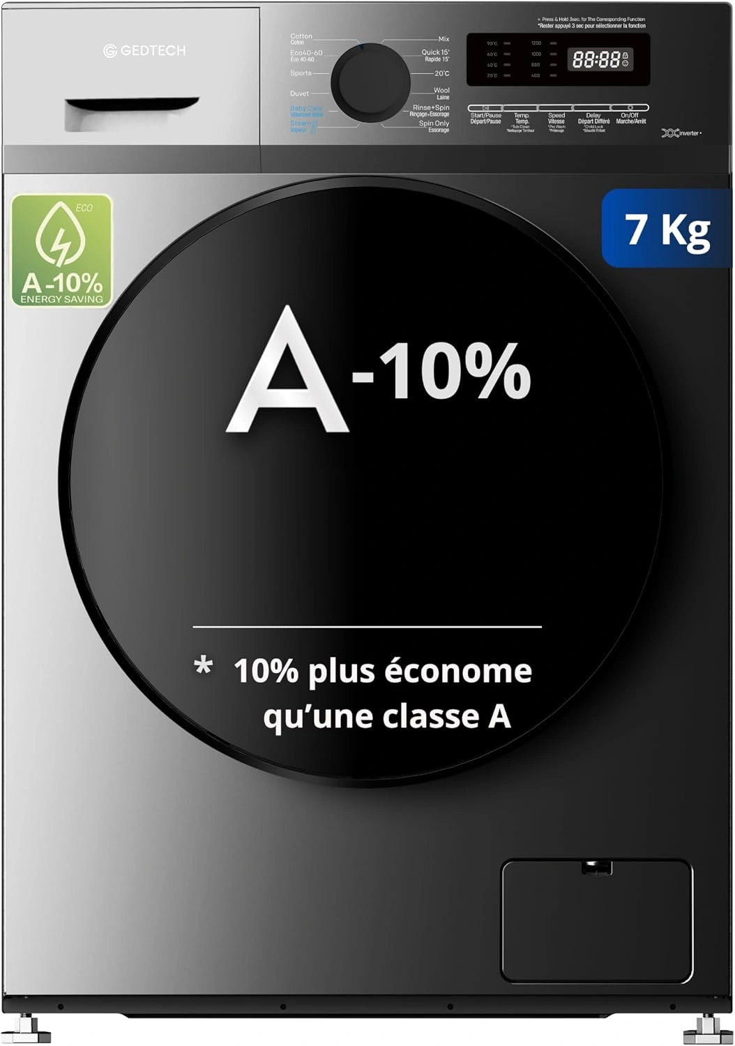 Lave-linge frontal GEDTECH GLL71200BL - 7 Kgs - 1200 tr/mn - 16 programmes - Eco - Intensif - Rapide, Très Faible conso