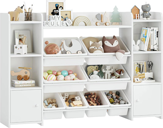 FOREHILL Meuble Rangement Enfant Bibliothèque Enfant Boîtes Amovible Blanc, 9 étagères 2 portes, 138.8x29.6x94.3 cm, Rangement jouet enfant