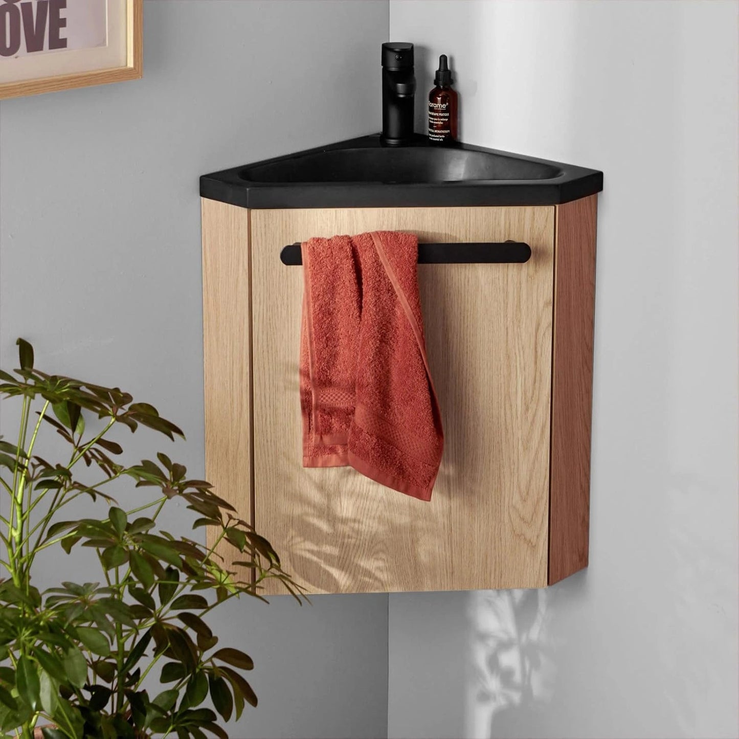 MOB-IN Meuble Lave-Mains SKINO décor chêne avec Vasque Noire + Robinet Noir, porte réversible