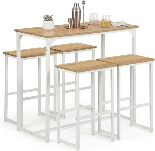 Ensemble Table de Bar avec 4 Tabourets, Bois Rustique et Blanc, Table Haute de Cuisine et 4 Chaises de Bar, Mange Debout avec Tabouret, Salle à Manger
