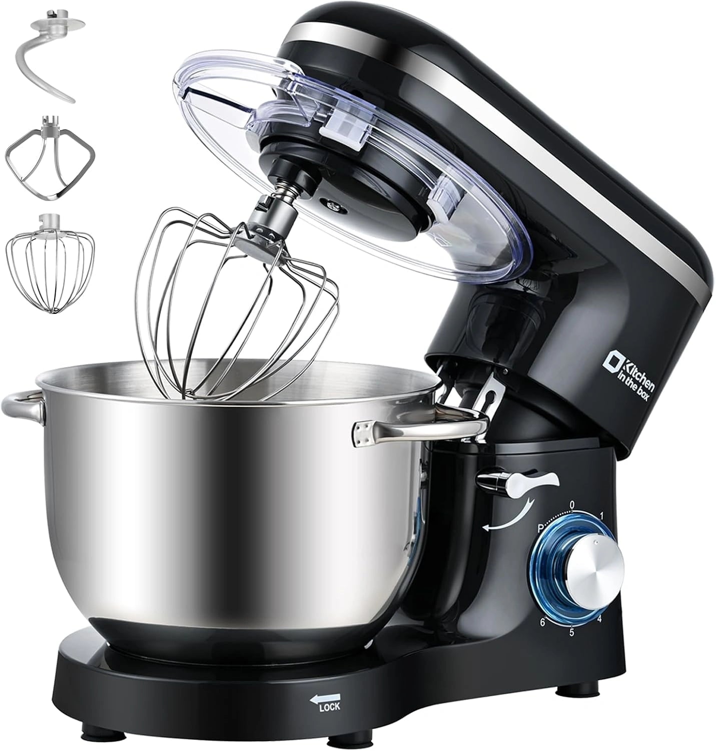 Kitchen in the box Robot Pâtissier 1400 W, Bol 6,2 L en Acier Inoxydable, Idéal pour Pâtisserie et Boulangerie (Noir), 6 Vitesses, Crochet et Batteur