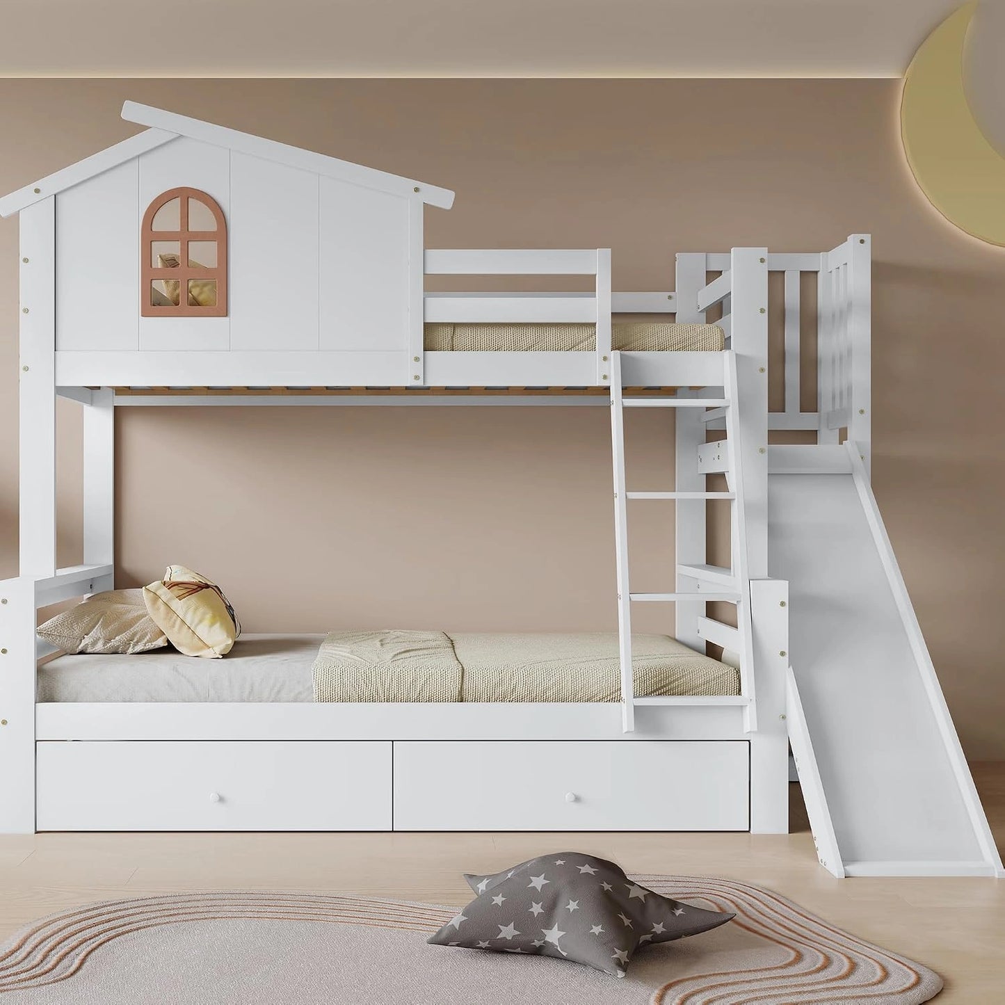 Lit Superposé Blanc 90x200 cm et 120x200 cm, Cadre de Lit avec Toboggan Amovible et 2 Tiroirs de Rangement, Lit Enfant Superposé avec Fenêtres