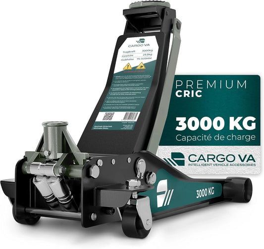 CargoVA Cric hydraulique 3T - Cric Plat avec Hauteur de Levage de 75 à 505 mm - Kit d'outils Professionnel avec Tapis de Genoux et 2 Patins