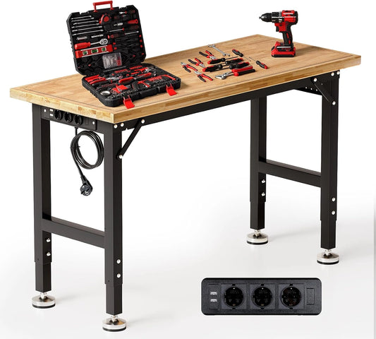 TLGREEN Établi Garage Réglable de Travail, 122 cm Table en Bois de Caoutchouc, Réglable 5 Hauteurs, 907kg Capacité, 15 PCS Crochets