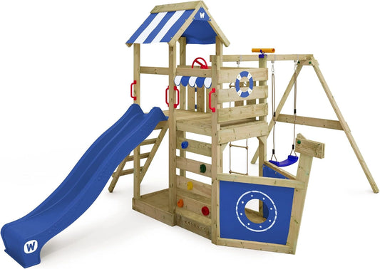 WICKEY Aire de Jeux SeaFlyer portique en Bois avec balançoire et Toboggan Bleu, Tour d'escalade pour Enfants avec bac à Sable