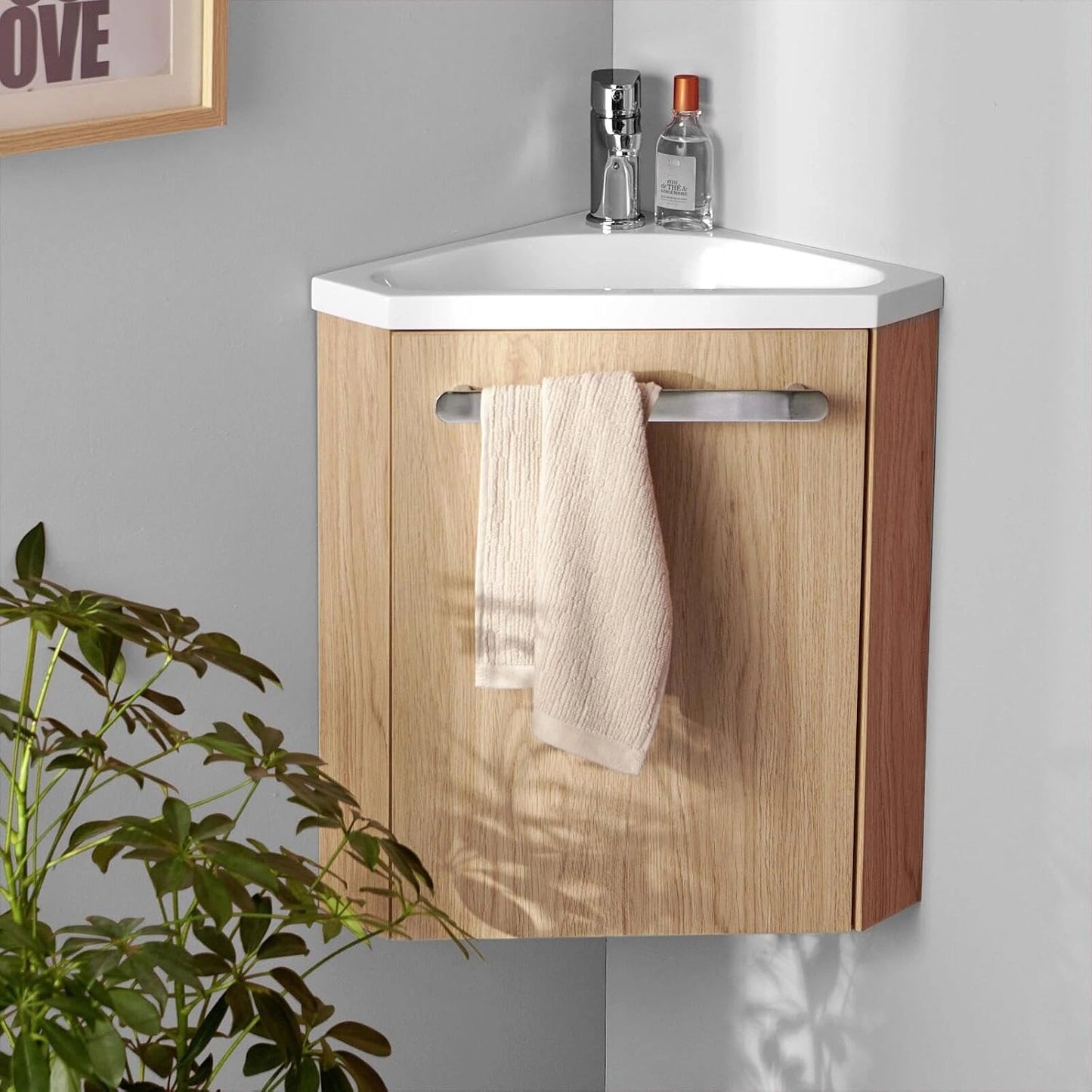 MOB-IN Meuble Lave-Mains SKINO décor chêne avec Vasque Blanche + Robinet chromé