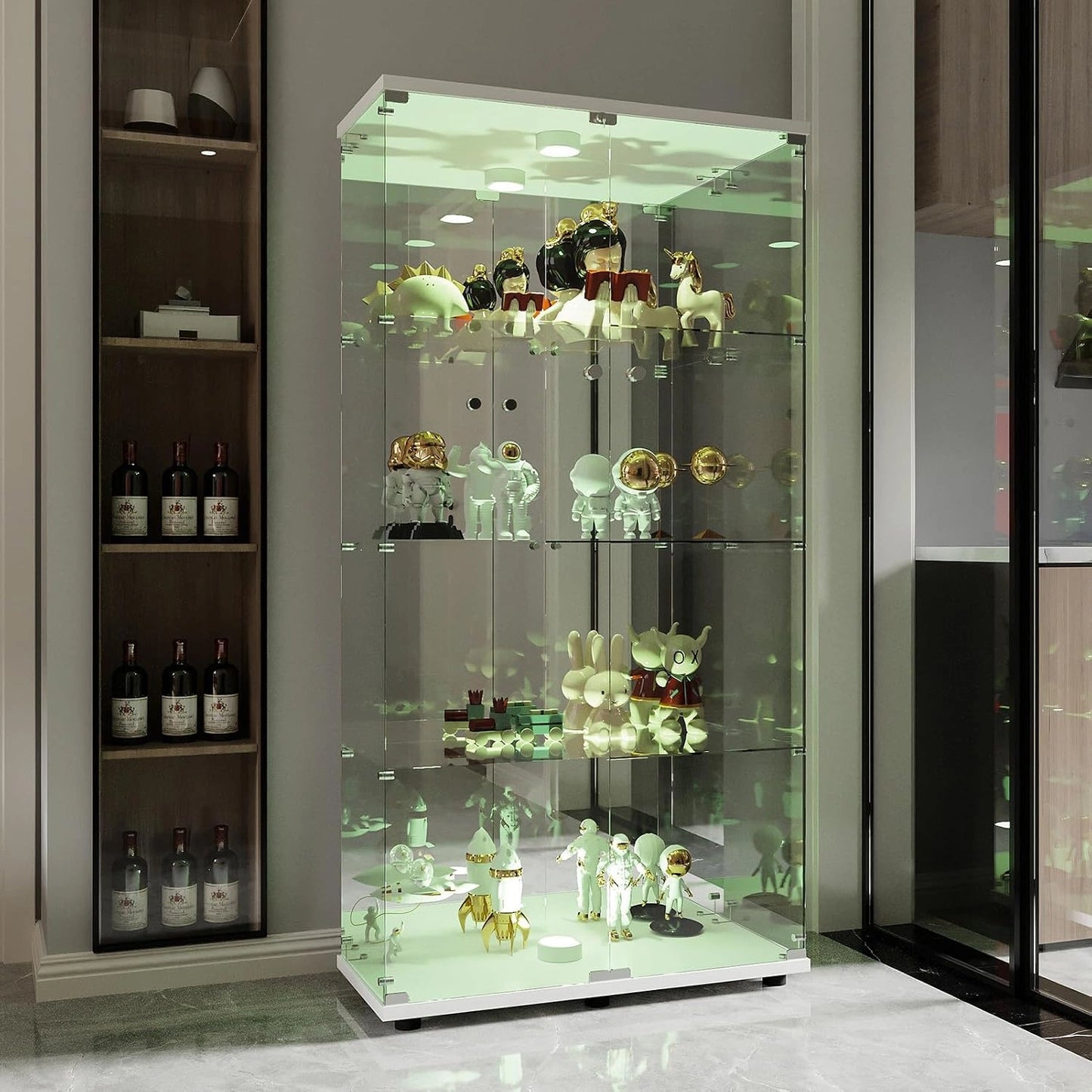 Vitrine en Verre avec LED, Blanc, 2 Portes à Serrure, 4 Étagères et Fond Miroir, 164x80.5x36.5 cm, Armoire Vitrine pour Collection