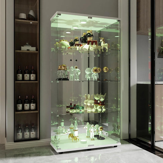 Vitrine en Verre avec LED, Blanc, 2 Portes à Serrure, 4 Étagères et Fond Miroir, 164x80.5x36.5 cm, Armoire Vitrine pour Collection